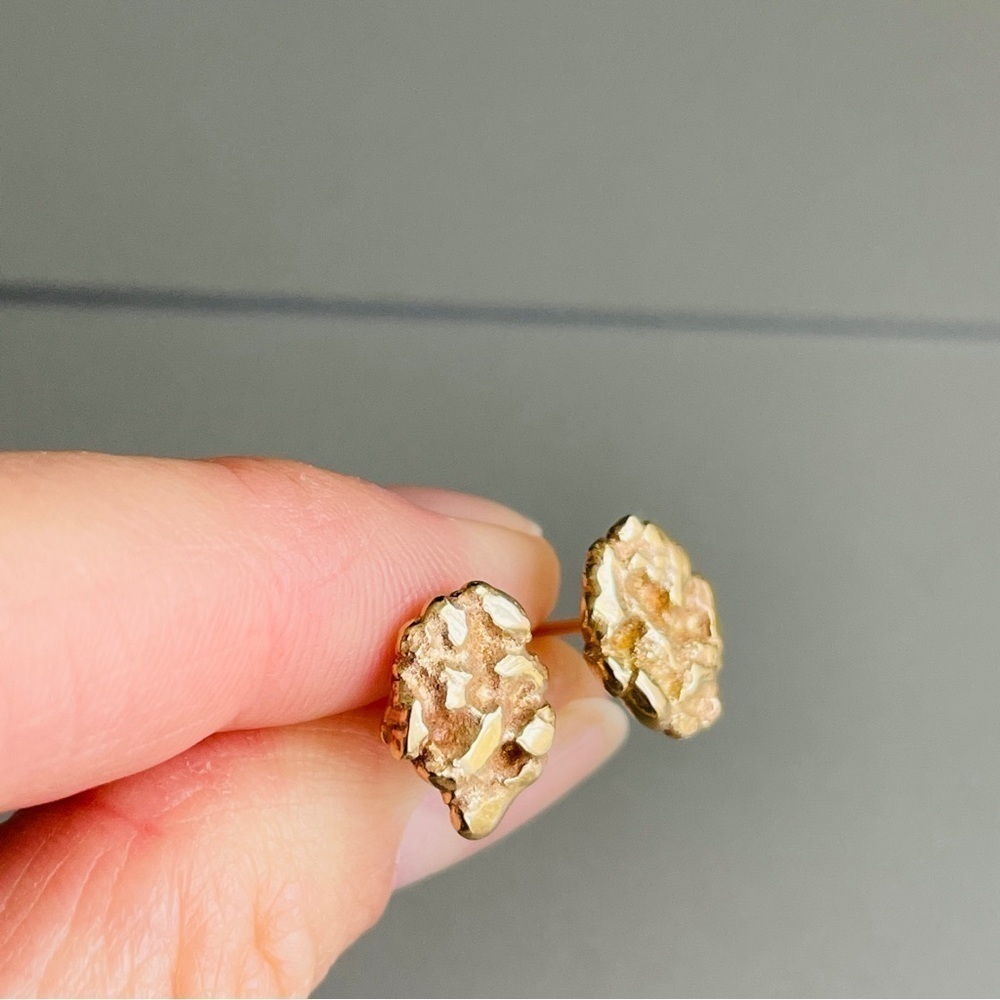 14K Solid Gold Nugget Textured Stud Earrings - Picture 8 of 11